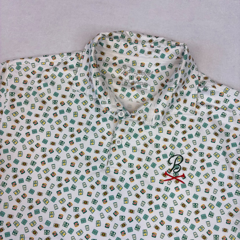 Barstool Golf Polo Shirt Mens XL White Novelty Snack Print Performance Stretch